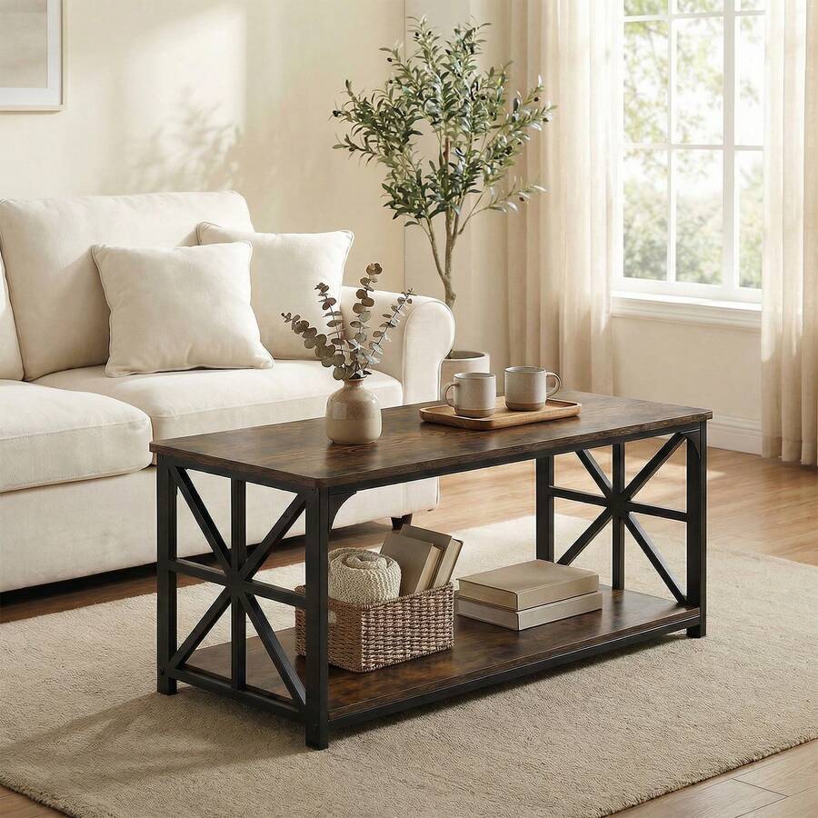GOFLAME Rectangular Coffee Table With Open Storage Shelf, Industrial Farmhouse 2-Tier Accent Table, Heavy-Duty Metal Frame Center Table For Living Room, 109x50x48cm, Rustic Brown - Rust Brown - View 1