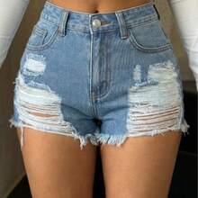 High Waist Distressed Denim Shorts, Street Style, Large Ripped Design, Essential Summer Outfit For Fashionable Women Casual - Blue - View 2