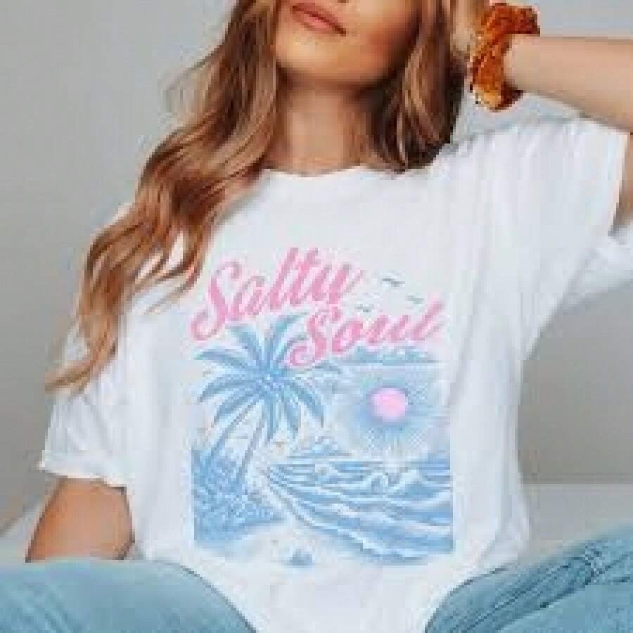 Cute Cartoon Pattern-Shirts KidsSalty Beach Print Casual Summer Women's Short Sleeve Cotton Tee,K-Style, Matching Family Outfits, Unisex Styles, Cartoon Patterns, Vacation Vibes,Boys Outfit Sets,Toddler Girls Clothes,Shirts Teen Girls,Teen Girl Clothes,Ropa De Niño,Men's-Shirts, Women's-Shirts - trắng - Xem 1