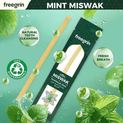 New Mint Flavor FREEGRIN Natural Miswak Toothbrush Stick, Extremely Fresh, Derived From Authentic Arabian Plants, Promotes Gum Health, Strengthens Teeth, Freshens Breath. Miswak Siwak Toothbrush