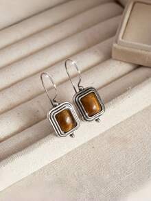 Vintage Silver Tigers Eye Drop Earrings For Women Rectangle Natural Stone Dangle Earrings Elegant Antique Boho Geometric Jewelry Gift - Antique Silver - View 5