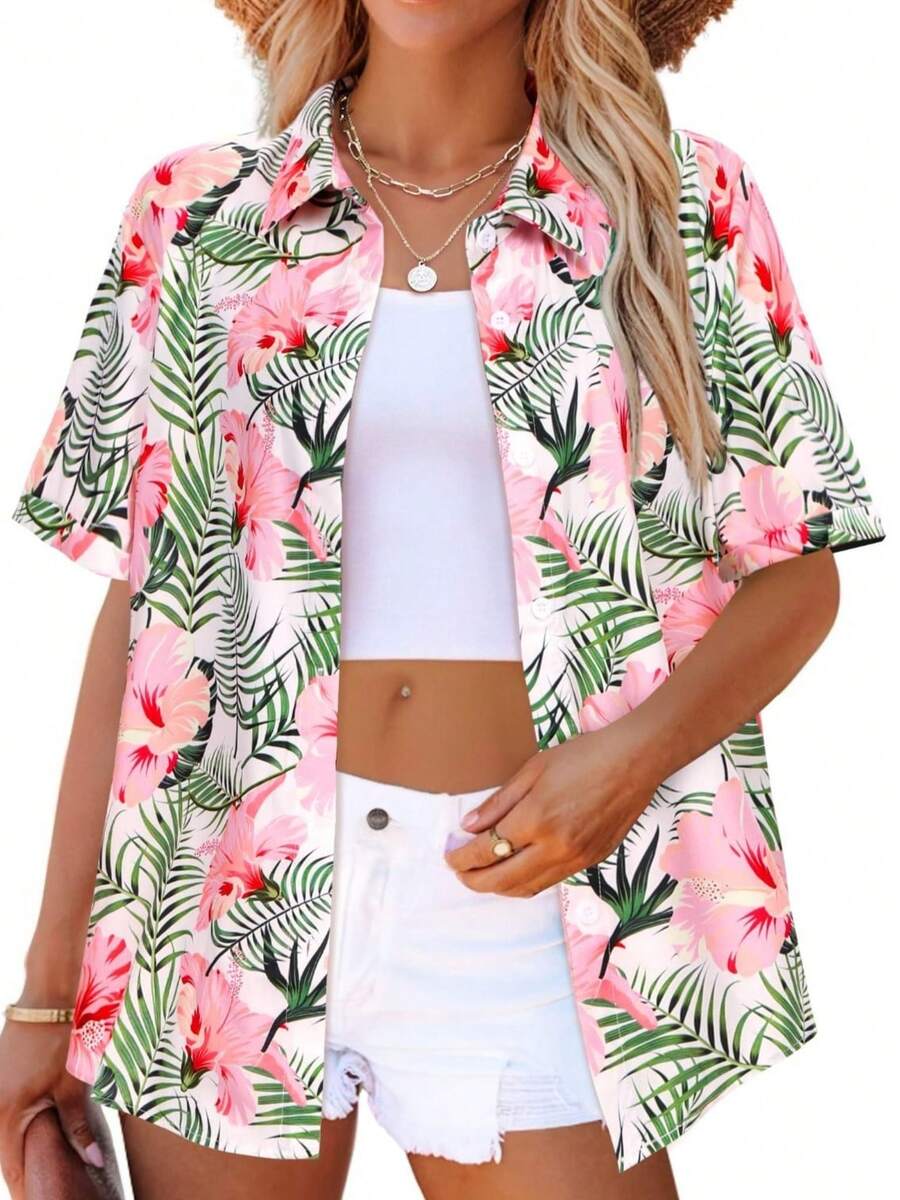 Hawaiian Shirts For Women Tropical Floral Button Down Short Sleeve Blouses Summer Beach Shirt Vacation Tops, 5XL Oversize Soft Cool V Neck - A-粉紅色花卉 - 查看 1