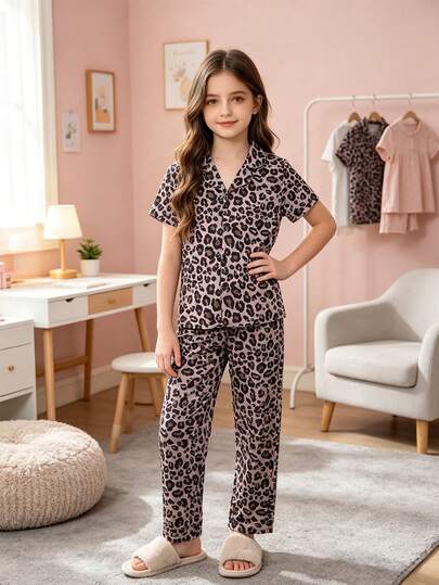 2pcs/Set Girls Casual Comfortable Leopard Print Short Sleeve Cardigan & Pants Loungewear Set, Sleepwear, Daily Wear, Indoor