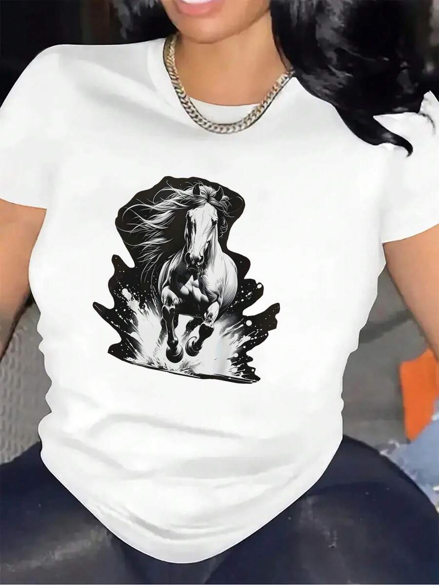 Camiseta de manga corta con impresión de caballo blanco y negro para mujeres, Tela de  duradera, I para el uso casual en casa o al aire , uste cómodo, Diseño elegante, Perfecto para el uso diario, Top ligero y transpirable