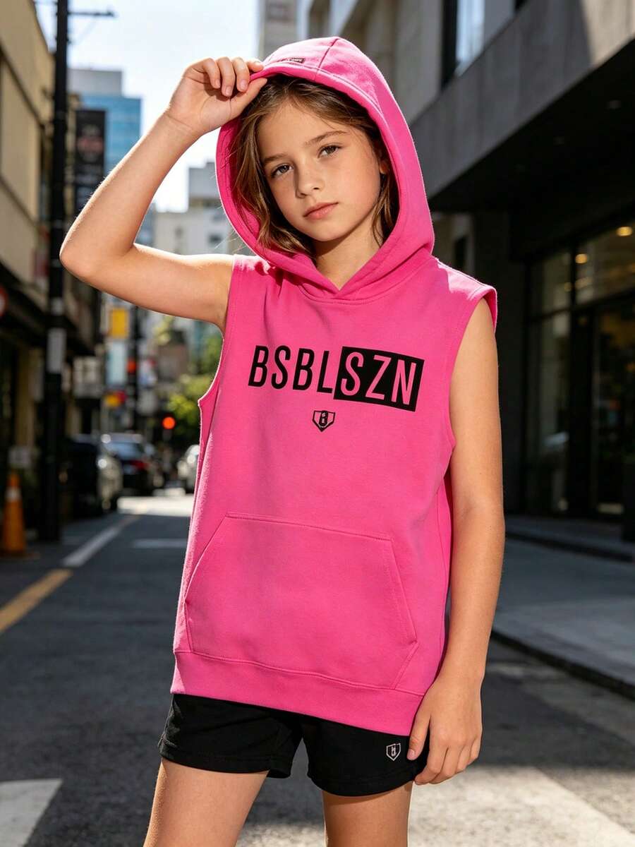 Children's Baseball Life 101 Letter Print Sleeveless Hoodie, Casual Drawstring Kangaroo Pocket Tank Top - Bright Pink - View 1