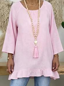 Women's Pink Polyester Round Neck Drop Shoulder Long Top, Ruffle Hem Flared Design, Bohemian Casual Style - Pink - View 4