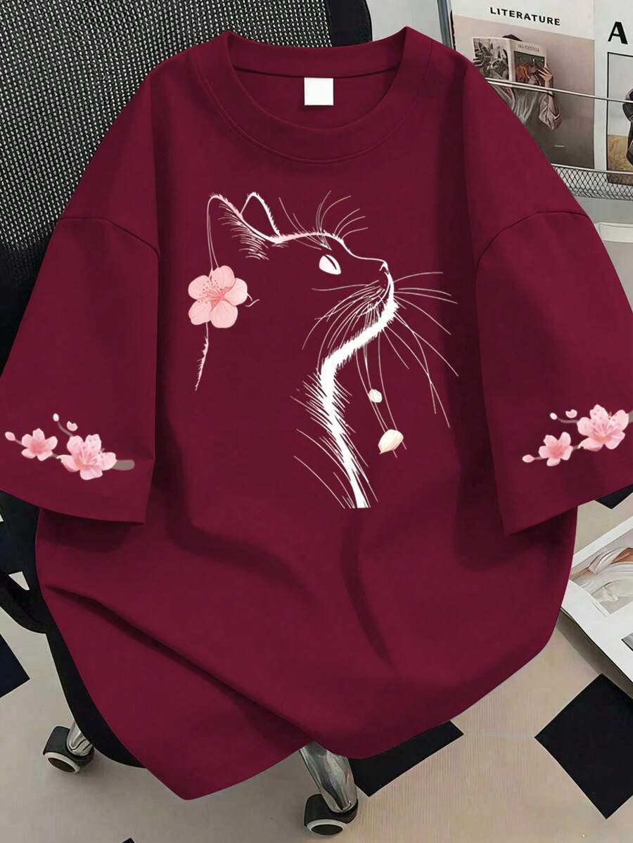 花卉猫咪印花圆领T恤，大码女式上衣，适合夏季度假、母亲节、毕业季和日常穿着。休闲百搭。 - 酒紅色 - 查看 1