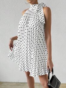 Vestido sin mangas con cuello de lazo con estampado de lunares y mariposa, adecuado para el Día de San Valentín, la temporada de bodas, vacaciones, primavera/verano - Blanco - Ver 6