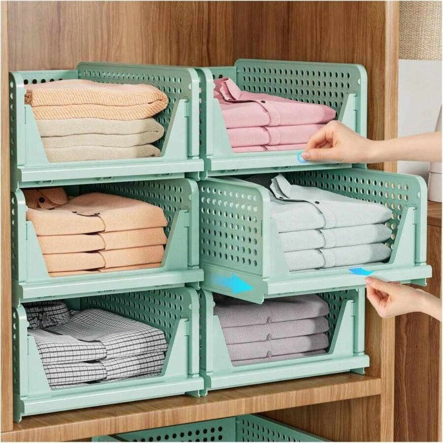 Organizador de armario Almacenamiento plegable y apilable Organizadores de cajones extraíbles Separadores de plástico para ropa Cocina Dormitorio Baño - Verde-Alt.18cm - Ver 1