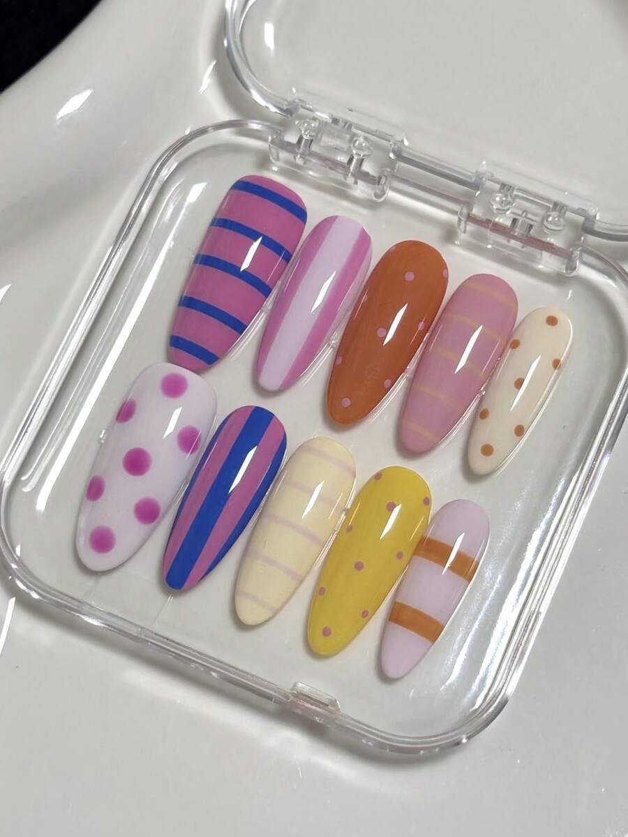10 piezas de pegatinas de uñas de almendra largas hechas a mano, multicolor, con diseños de macarrón, rayas y lunares, adecuadas para mujeres y niñas, para primavera, verano, otoño, invierno, fiestas y uso diario - Multicolor - Ver 1
