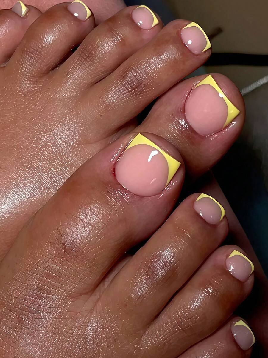 24pcs Short Square Disposable Toe Nail Stickers, Minimalist Pink Nail, Butter Yellow French Full Coverage Fake Nails Set, Includes 1 Sticker Sheet And 1 Mini Nail File, Suitable For Women And Girls Daily Wear, Random Delivery - Yellow - View 1
