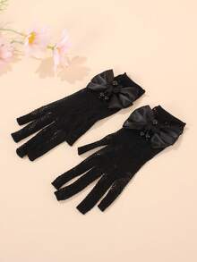 1 Pair Black Lace Gloves Suitable For Teenage Girls, Elegant Sheer Mesh Gloves With Bow Tie, Multiple Styles Suitable For Weddings, Parties, Halloween And Vintage Outfits - Black - View 9