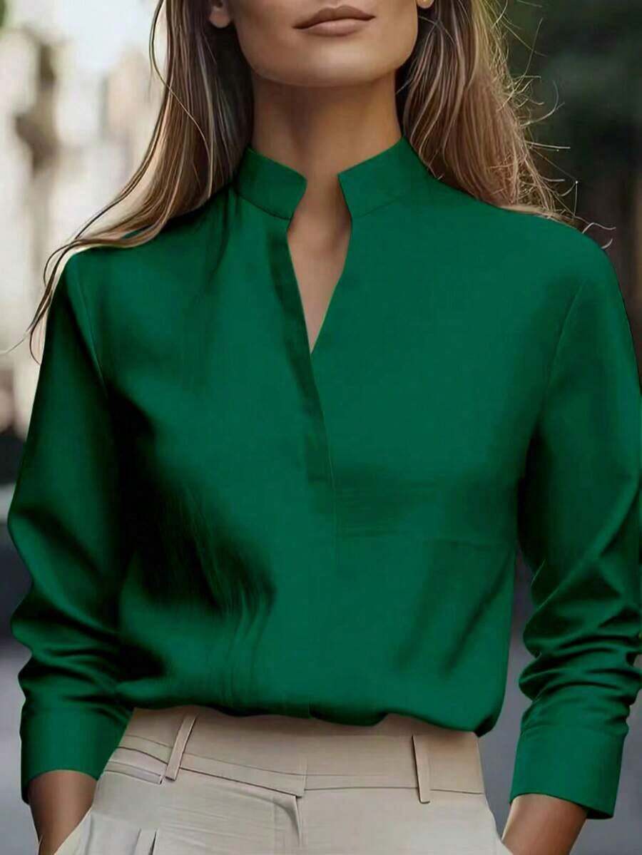 de unicolor de estilo europeo y americano de , diseño de cuello de satén, blusa elegante de manga larga y ajuste ceñido para primavera - Verde - Ver 1
