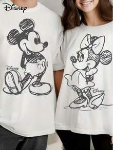 Disney Simple Retro Ladies Casual Short Sleeves, Minnie Hand-Painted Line Prints, Soft Waxy Skin-Friendly, Suitable For Dating, Party Scenes, Ideal Gift For Disney Fans, Classic Style. - Women's T-shirt - View 1