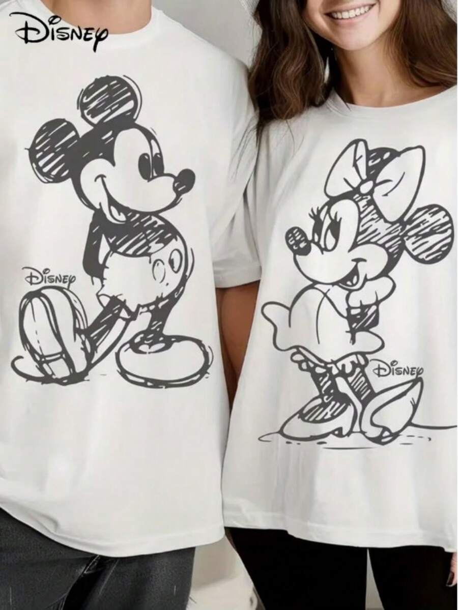 Disney Simple Retro Ladies Casual Short Sleeves, Minnie Hand-Painted Line Prints, Soft Waxy Skin-Friendly, Suitable For Dating, Party Scenes, Ideal Gift For Disney Fans, Classic Style. - Women's T-shirt - View 1