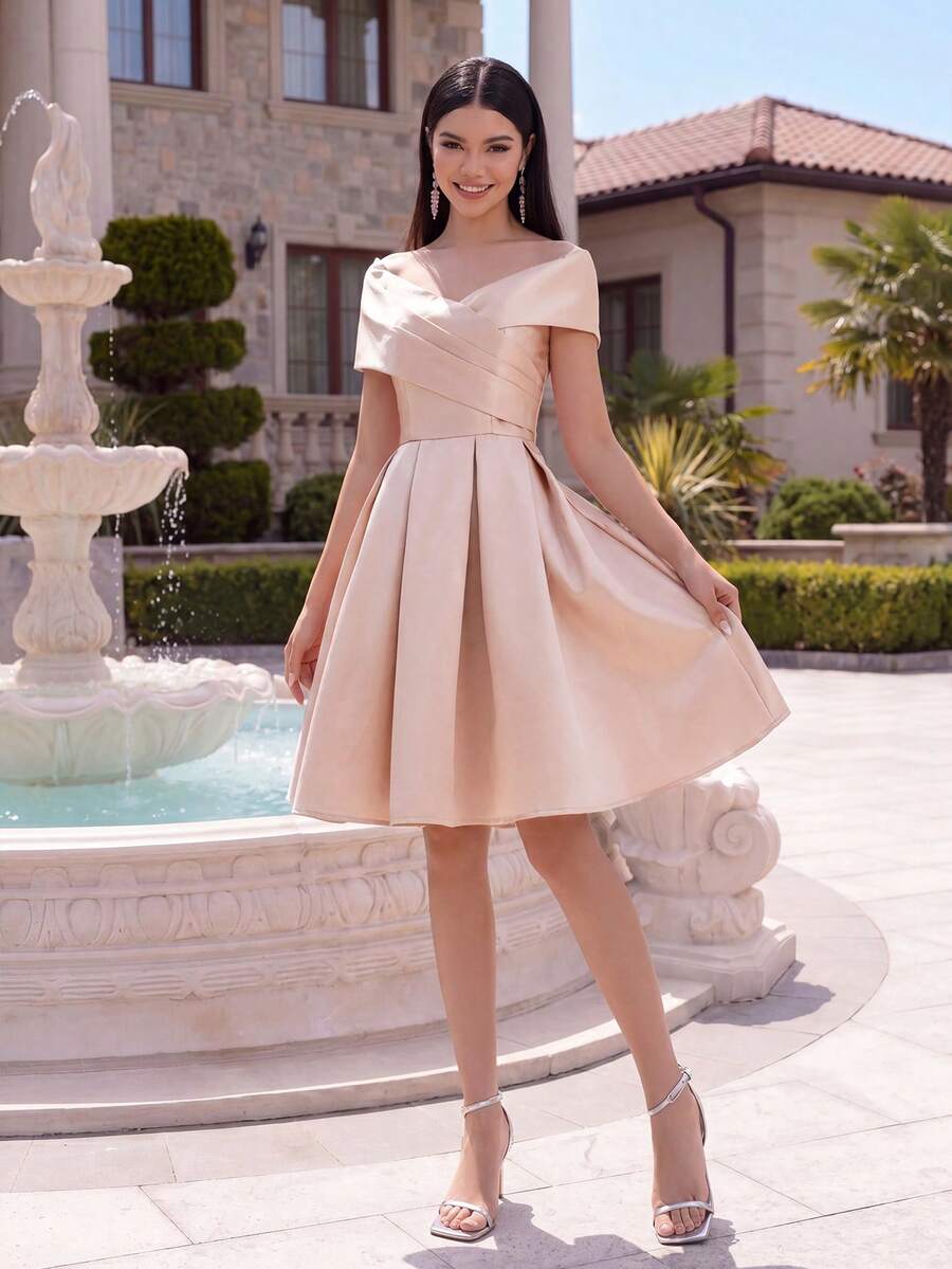 Alisa&Leo Satin Party Dress - Off-Shoulder Design With A-Line Ruffle Hem - Suitable For Attending Balls, Birthday Parties, School Dances And Family Gatherings