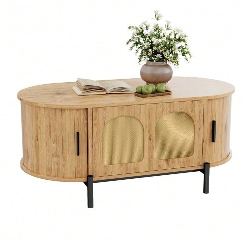 Oval Rattan Coffee Table With Sliding Doors, Wood-Look Finish, Metal Legs, Multifunctional Living Room Table With Storage Space - 自然色 - 查看 1