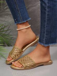 Slippers Shoes For Women Hollowed-Out Flats Woven Mesh Slide Sandals Round Toe Casual Summer Footwear Outdoor Indoor - Vàng - Xem 5