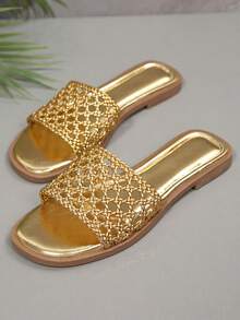 Slippers Shoes For Women Hollowed-Out Flats Woven Mesh Slide Sandals Round Toe Casual Summer Footwear Outdoor Indoor - Vàng - Xem 2