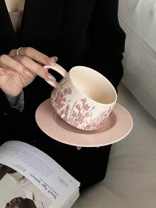 法式复古粉色陶瓷咖啡杯碟套装，花卉图案下午茶杯，优雅高端陶瓷马克杯，返校季必备 - 粉色 - 查看 9