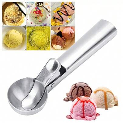1 muỗng múc kem bằng thép không gỉ có nút nhả, dụng cụ múc kem chuyên nghiệp với tay cầm thoải mái, dễ dàng múc được những viên kem hoàn hảo, thích hợp cho kem Ý cứng, sữa chua đông lạnh và bột làm bánh quy. Dụng cụ múc dưa hấu.