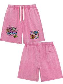 Unisex Dream Vibe Diamond Rose Print Washed Denim Bermuda Shorts, Elastic Drawstring Loose Straight Casual Summer Jorts For Women - 玫瑰紅 - 查看 5