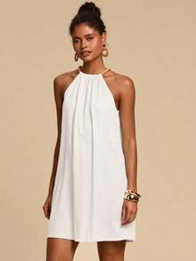 Vestido de cuello halter decorado con cuentas de moda para vacaciones de mujeres, atuendos de vacaciones de mujer, atuendos de vacaciones, atuendos de playa de verano, vestidos de verano para mujer, vestidos de verano - Blanco - Ver 3