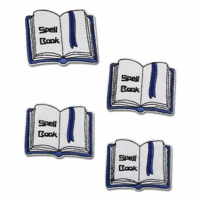 Bộ 4 miếng vá thêu hình "Sách Phép Thuật", chất liệu polyester đa năng, có thể ủi hoặc may, thích hợp để tự làm quần áo, túi xách, giày dép, rèm cửa, mũ, phụ kiện trang trí nhà cửa.