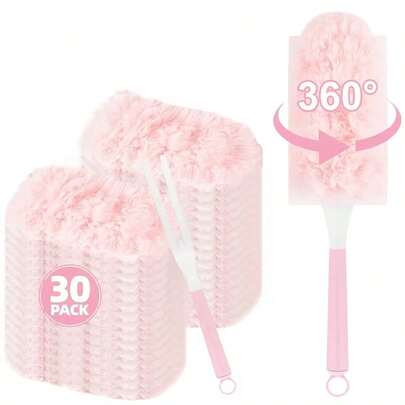 30pcs Replacement Head+1pc Handle Pink Disposable Electrostatic Dust Duster, Dust Cleaning Tool, Chicken Feather Duster, Household Car Cleaning, Household Dust Removal Brush Head Replacement Parts For Laundry, Furniture, Car, Keyboard Duster Head Supplement (Including Handle) - Cleaning Supplies, Cleaning Accessories, Cleaning Tools, 360 Degree Cleaning Desktop Bookshelves, Dust Removal Head Filling