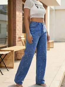 Women's Pearl Beaded High Waist Wide Leg Jeans Light Blue Washed Denim Pants Streetwear--Perfect For Daily / Holiday / Date / Vacation / Party / Beach / Getaway / Everyday / Night Out/Mothers Day Outfit - Giặt tối - Xem 2