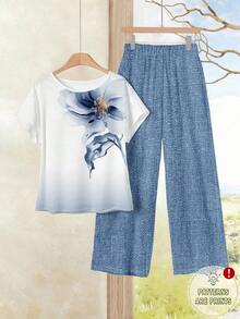 Conjunto de 2 piezas con estampado floral ajustado, versátil para primavera/verano - Multicolor 11 - Ver 2