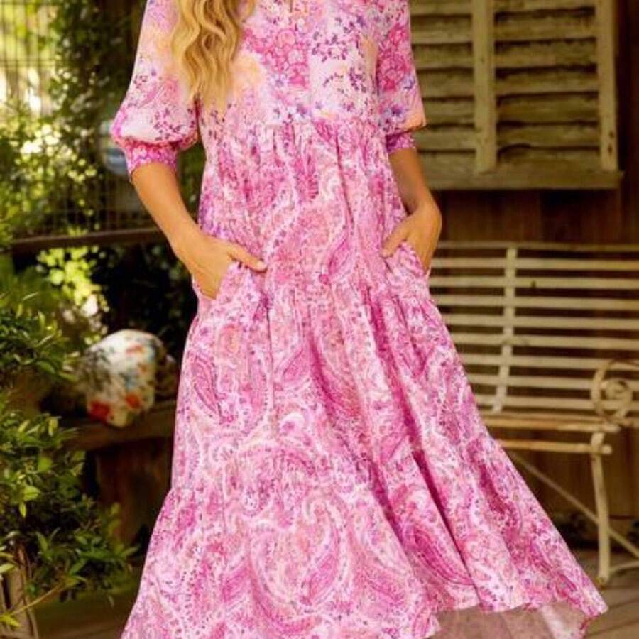 Women's Elegant Yellow Bali-Inspired Print Short Sleeve A-Line Maxi Dress, Women's Collared Single-Breasted Mid-Sleeve Shirt Dress With Pockets, Multi-Layered Design, Casual Bohemian Retro Style, Elegant Formal Party Dress, Women's Date Dress, Women's Clubwear Dress, Women's Summer Dress, Women's Honeymoon Outfit, Women's Wedding Guest Dress, Island Vacation Outfit, Women's Wedding Guest Dress, Women's Sunny Dress, Elegant Party Dress, Women's Birthday Dress - Rosa - Ver 1