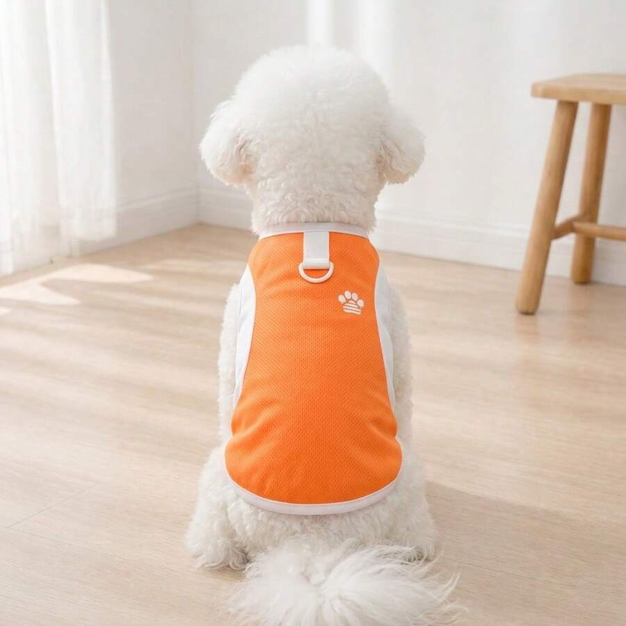 Gilet pour chien en maille respirante avec imprimé de patte, débardeur pour chien avec imprimé de patte et attache pour laisse en D, débardeur pour chien en maille blocs de couleurs respirante - Orange - Voir 1