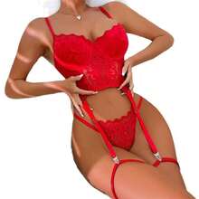 Women's 3-Piece Set, Comfortable Lace, Lightweight Soft Sleepwear, Perfect Fit, Bra, Panties, And Garter Belt, Elegant Design, Breathable Fabric, Soft Touch, Everyday Use, Ideal Gift, Women's Fashion, Complete Set, Delicate For All Seasons, Comfort And Style For Home And Relaxation. - 紅色的 - 查看 3