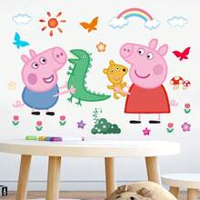 Peppa Pig 热门小猪佩奇主题墙贴，适用于卧室、客厅和浴室。采用PVC材质，可移除并重复使用。墙贴表面印有可爱的卡通动漫小猪图案。（产品图片为放大展示效果，实际尺寸请参考尺寸表。） - 多色多款 - 查看 5