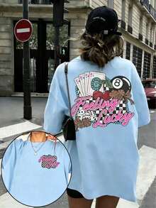 1pcsEMERY ROSE Graphic Tee Feeling Lucky Rodeo Shirt Retro Country Concert Top,Going Out Tops For Women Shine Print Cotton Tees Summer Casual Shirts - 淺藍色 - 查看 15
