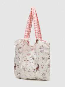 Floral Cat Print Cute Girl's Shoulder Bag, Niche Design, Commute, Outing, Daily Shopping, Bow Decor, Large Capacity Underarm Tote Bag For College Students - White - View 5