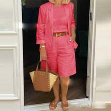 2026 Womens White Linen-Blend 2-Piece Set Blazer & Wide Leg Shorts Casual Workwear - Đỏ - Xem 6