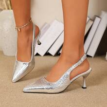 7cm Black Pointed Toe Kitten Heel Sandals, Versatile Strappy High Heels For Women - Silver - View 10