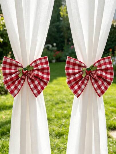 Bộ 2/4 dây buộc rèm họa tiết kẻ caro đỏ trắng kiểu nông trại, kiểu nơ, kiểu Pháp cổ điển, dây buộc rèm đính ngọc trai, dây buộc rèm trang trí cho nhà và văn phòng.