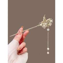 1pc Colorful Crystal Flower, Butterfly & Branch Decor Faux Pearl Tassel Alloy Hair Clip, Bun Extension, Hair Styling Pins, Hair Accessories For Women - Bạc - Xem 5