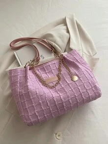 Fashionable Striped Handbag - Women's Large Capacity Shoulder Bag - Zipper Tote Bag For Daily Use With Metal Chain - Pink - View 6
