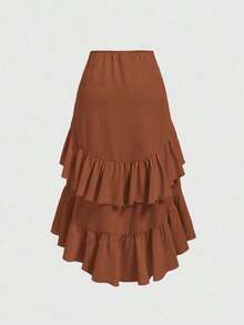 MOD Falda marrón para mujer con dobladillo alto-bajo, con cordón, volantes por capas, falda para fiesta, falda bohemia, falda para el almuerzo - Blanco 2 - Ver 11