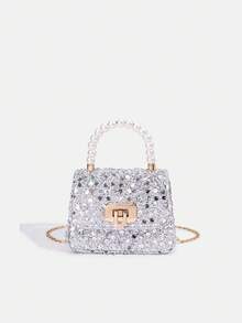 1 Peça Bolsa Elegante de Lantejoulas da Moda para Meninas, Bolsa de Ombro Transversal de Luxo Acolchoada, Bolsa Tote com Decoração de Pérola, Bolsa Série Pérola, Bolsa com Corrente, Bolsa Combinando Mãe e Filha, Carteira, Bolsa de Ombro com Alça Ajustável, Bolsa de Festa Dourada/Prateada, Adequada para Uso Diário, Festa, Viagem, Presente Ideal - 2184 lantejoulas - Visão 19