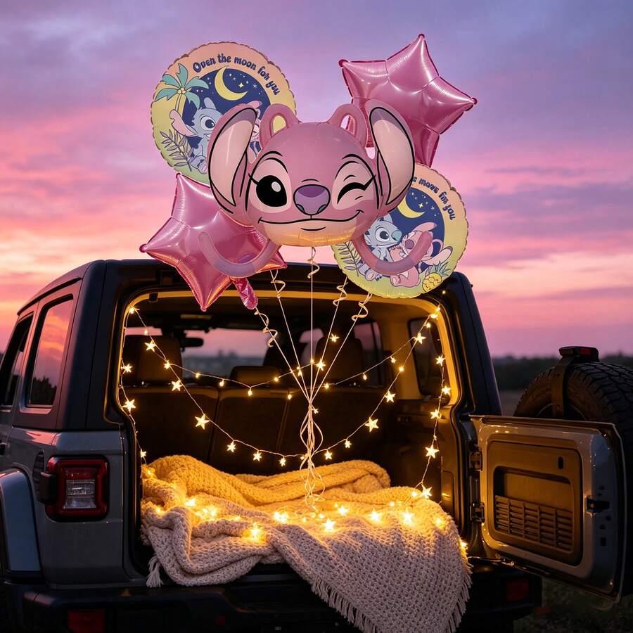 迪士尼星际宝贝粉色眨眼天使气球花束 5 件套铝箔派对装饰，适用于生日、周年纪念、热带主题装饰 - 查看 1