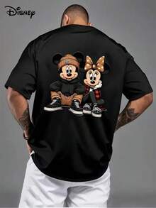 Disney Officially Licensed Item, Featuring A Cool Mickey And Minnie Design, This Short-Sleeve Cartoon Character Print Top Is A Comfortable Black Casual Shirt For Men, Perfect For Summer With Its Loose, Breathable Round Neck T-Shirt Style - 黑色 - 查看 3