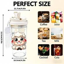 1/5 Piezas Taza de viaje portátil de 500ml con patrón de oveja de dibujos animados - Taza de café transparente, botella de agua a prueba de fugas con pajita y cordón, ligera y durable, perfecta para viajes, gimnasio, oficina y escuela - Un regalo encantador y reconfortante para mujeres, estudiantes y amantes de los animales. - Multicolor - Oveja sonriente adorable - Ver 3