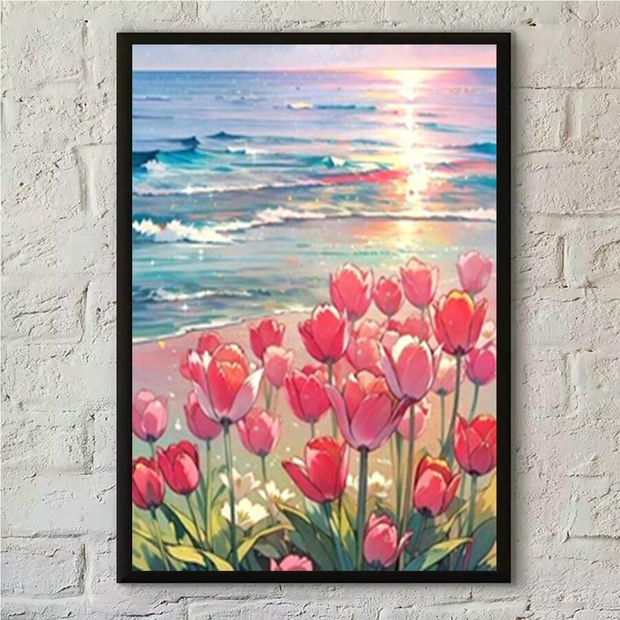 5D DIY Diamond Painting Kit, Sunset Seascape With Tulips Pattern, Diamond Art Home Wall Decor And Gift - View 1
