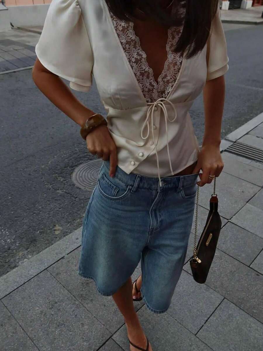 Fashionable Elegant V-Neck Lace Trim Tie-Up Button Ruffle Sleeve Casual Blouse Summer - Apricot - View 1