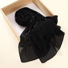 1pc Abaya Accessories Heavily Embellished With Crystals Black Chiffon Hijab Scarf Veiled Clothes For Dress - Black - View 16